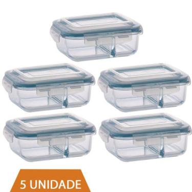 Imagem de 5 Pote de Vidro 640ml Retangular Divisória Marmita Fitness - QUALITY H