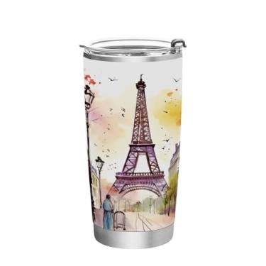 Imagem de Wassud Copo de aquarela Torre Eiffel de 590 ml com tampa e canudo, copo isolado a vácuo de parede dupla de aço inoxidável, caneca de café de viagem para bebidas frias e quentes