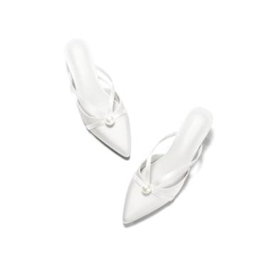 Imagem de Coutgo Sandália feminina de cetim com salto gatinho pérola com bico fino fechado, Branco, 40