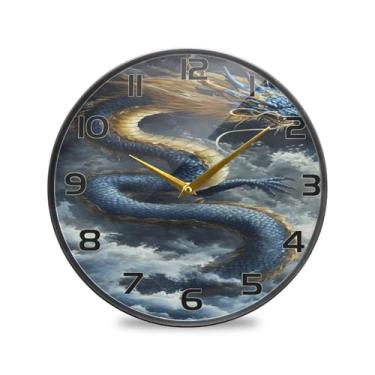 Imagem de YETTASBIN Relógio de parede acrílico dragão azul dourado – Silencioso, sem tique-taque, operado por bateria, relógio redondo decorativo criativo para cozinha, sala de estar, banheiro, decoração de