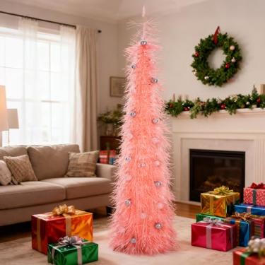 Imagem de BrilliantJo Árvore de Natal de 1,8 m de altura artificial com bolas, enfeite de lápis, suporte dobrável para decorações de festas de Natal, decoração de exibição de escritório em casa, rosa