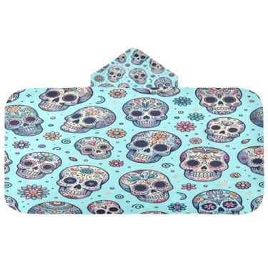 Imagem de Burbuja Caveiras em toalha de banho com capuz azul para crianças, toalha de praia de pelúcia macia absorvente para chá de meninas e meninos 3-10 anos, 61 x 127 cm
