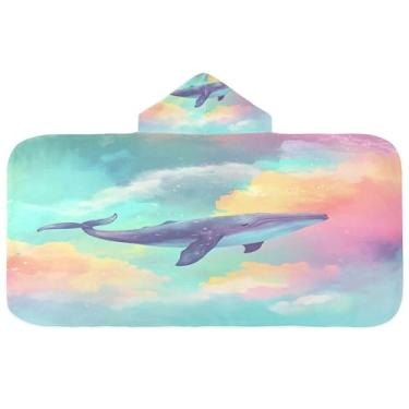Imagem de Burbuja Whale Floating in The Sky Toalha de banho com capuz para crianças, toalha de praia de pelúcia macia absorvente para meninas e meninos 3-10 anos, 61 x 127 cm
