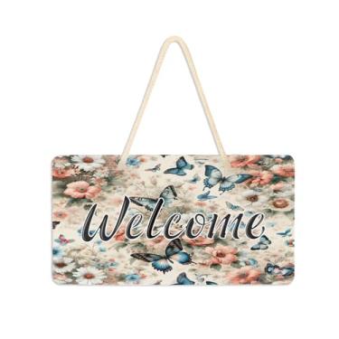 Imagem de Burbuja Placa de boas-vindas de flores de primavera para porta da frente, placa de boas-vindas de PVC para decoração de festas de fazenda, 15 x 28 cm