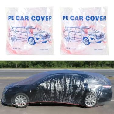 Imagem de Pacote com 2 capas de carro descartáveis de plástico transparente capa universal para garagem, chuva, poeira, com faixa elástica média (30 m x 6 m)