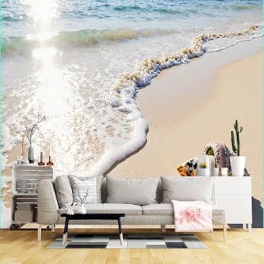Imagem de Murais de parede de tamanho personalizado, praia iluminada pelo sol, conchas do mar, tecido autoadesivo (sem PVC) Papel de parede grande removível para sala de estar, quarto, escritório