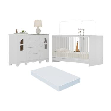 Imagem de Berço 3 Em 1 Com Colchão Incluso E Cômoda 2 Portas 4 Gavetas Aurora Multimóveis MP4774 Branco