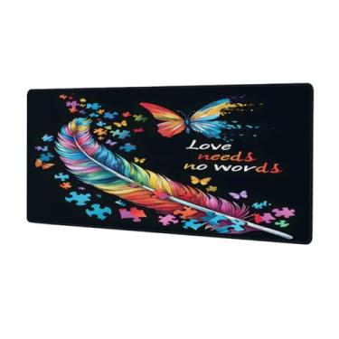 Imagem de Tapete de mouse com autismo colorido de penas grandes à prova d'água para computador protetor de mesa com base de borracha antiderrapante para escritório, computador, teclado, laptop e mesa de casa