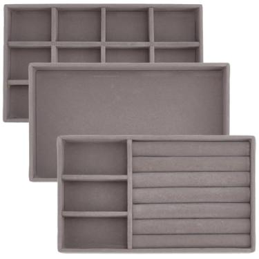 Imagem de SOFPLATE 3 peças, 3 estilos, bandejas organizadoras de joias de veludo cinza, empilhável, organizador de joias de veludo, inserções de gaveta personalizáveis para anel, brinco, colar, pulseira