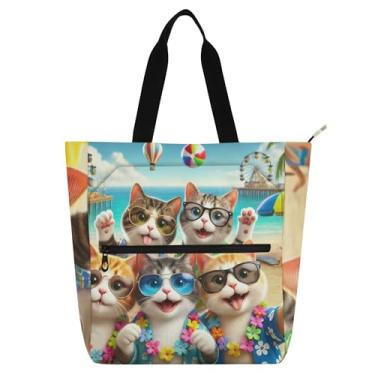 Imagem de GAIGEO Sacolas femininas fofas gatinhos animais para trabalho lona praia livro bolsa zíper professores bolsa com compartimentos