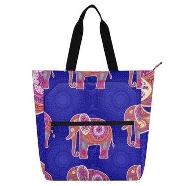 Imagem de GAIGEO Elefantes étnicos azul roxo bolsa de trabalho para mulheres lona escola bolsa livro bolsa professores bolsas com compartimentos