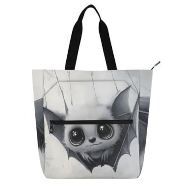 Imagem de GAIGEO Sacola feminina de trabalho cinza morcego assustador de Halloween, bolsa de lona para livros de praia, com zíper, bolsa feminina infantil com compartimentos