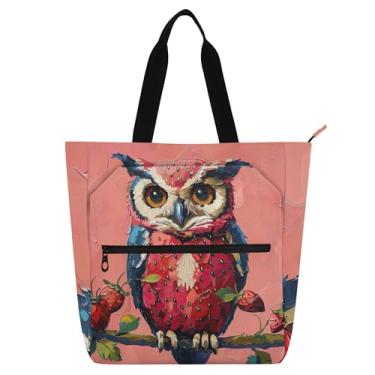 Imagem de Sacolas de trabalho engraçadas com estampa de coruja de morango para mulheres, bolsa de lona, praia, livros, zíper, bolsas para professores, presentes para amantes de livros
