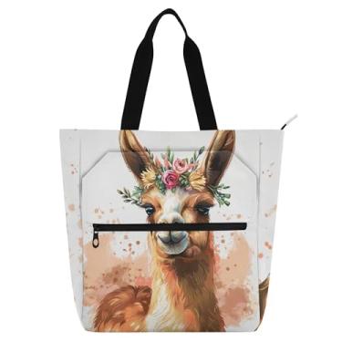 Imagem de Lindas bolsas de trabalho com coroa de flor de lhama para mulheres, bolsa de lona para livros de praia, bolsa de tecido com zíper, bolsas para amantes de livros, presente