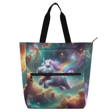 Imagem de GAIGEO Bolsa de mão de unicórnio hipopótamo extravagante espaço para mulheres bolsas de tecido de lona para professores universitários com compartimentos