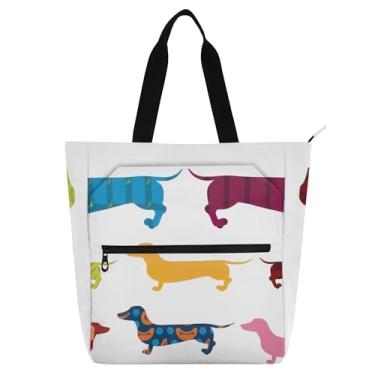 Imagem de GAIGEO Sacola colorida para cães Dachshund para mulheres e crianças, reutilizável, com zíper, escola, trabalho, viagem, bolsa com compartimentos