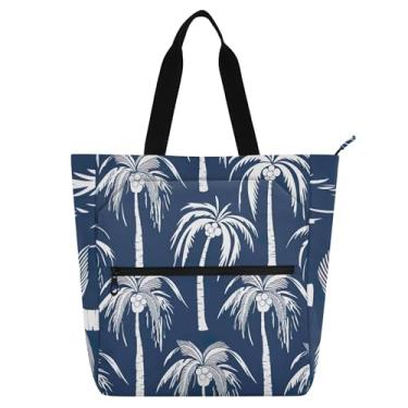 Imagem de GAIGEO Sacola feminina com palmeiras brancas em azulejo azul escuro, bolsa de trabalho, lona, praia, escola, bolsas de professores, com compartimentos