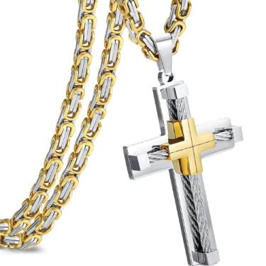 Imagem de AOOMO Colar de cruz de aço inoxidável 316L prata para homens, colar de corrente bizantina com pingente de cruz grossa, joia cristã católica crucifixo para homens