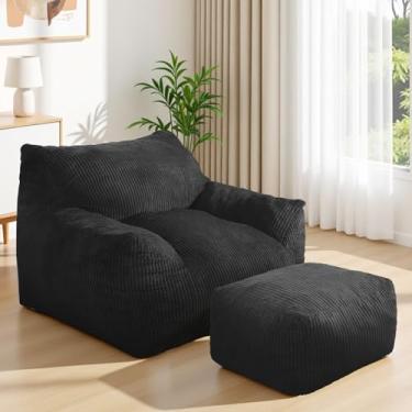 Imagem de INMOZATA Cadeira pufe para adultos, poltrona de pufe de 1,8 m com cadeira otomana pré-preenchida e fofa preguiçosa com tecido com cordão para quarto, sala de estar, dormitório (preto)