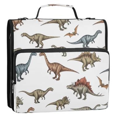 Imagem de Bolsa organizadora de fichário vintage marrom azul dinossauro branco com zíper, 3 anéis, 3 anéis, 3,8 cm, porta-documentos grande com vários bolsos para escola, escritório, viagens