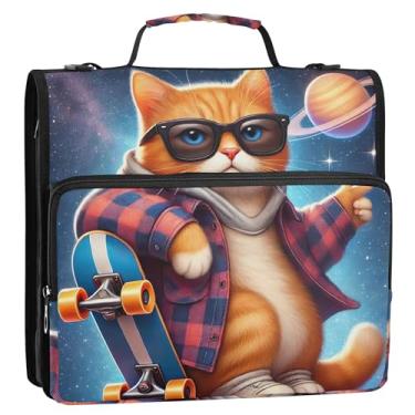 Imagem de Fichário legal para skate, gatinho, 3 anéis, 3,8 cm, anel D com zíper, bolsa escolar com alça de ombro, vários bolsos, pasta grande para portfólio