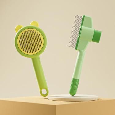Imagem de Pacote com 2 escovas para gatos para queda, escova de cabelo autolimpante com botão de liberação para gatos internos, pente de silicone macio para gatos de pelo longo e curto (verde e ciano)