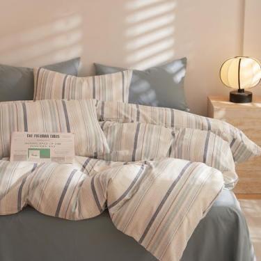 Imagem de Conjunto de capa de edredom listrado solteiro, 3 peças, estampa de listras azuis e brancas, 100% algodão lavado, conjunto de cama listrada, macio, respirável, com fecho de zíper e laços nos cantos