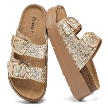 Imagem de DDXYYDS Sandália feminina plataforma palmilha de cortiça com fivelas duplas confortáveis, plataforma deslizante para verão e praia, larguras largas, sapatos, Dourado, 35