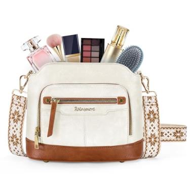 Imagem de RAINSMORE Bolsas transversais femininas de couro à prova d'água, bolsa de ombro, bolsa transversal, bolsa de viagem, Branco-marrom, 9.65 x 3.93 x 7.48 inches, Macio e elegante