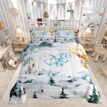 Imagem de Jogo de cama casal com desenho animado de dragão pequeno, desenho animado de animais voadores, decoração de quarto de meninos e adolescentes, edredom vintage de castelo de princesa, enchimento de