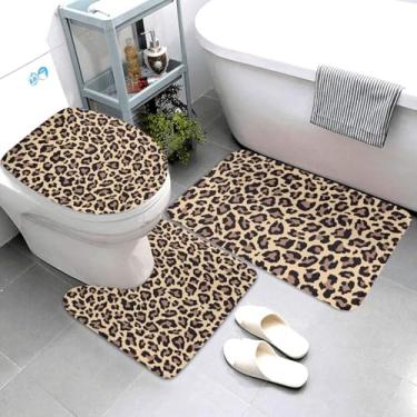 Imagem de Jbofyee Conjunto de tapetes de banheiro com estampa de leopardo, tapete de banho + tapete de contorno + capa de assento de vaso sanitário, tapete de microfibra macia antiderrapante com textura animal