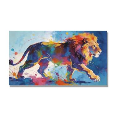 Imagem de NHLDZYH Arte abstrata de respingos de leão, pintura colorida de animais em tela, decoração de parede expressiva moderna para sala de estar ou escritório. A125. 30x54cm-11,8x21,2 pol. Somente tela