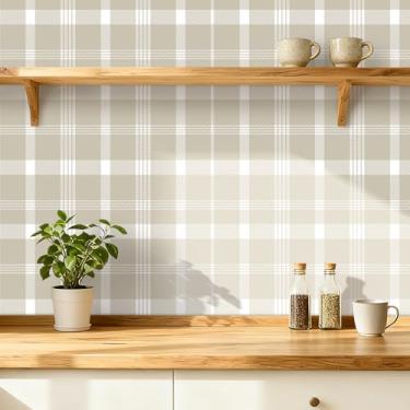 Imagem de ICOOP Papel de parede xadrez bege neutro guingão descascar e colar papel de parede xadrez papel de parede fazenda papel de contato xadrez para quarto berçário sala de estar forro de prateleira Tan