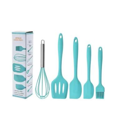 Imagem de Kit 5 Utensílios de Cozinha Silicone Batedor Inox Espátula Pincel Mult