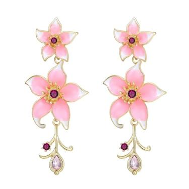 Imagem de EleQueen Brincos femininos com pingente de flor esmaltada, joia floral vibrante para dia dos namorados/aniversário/festa, Zircônia cúbica, Zircônia cúbica