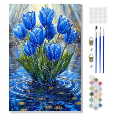 Imagem de DOMROM Kit de pintura de flores por números para adultos iniciantes com cavalete de madeira, kit de pintura de tulipas DIY por número em tela, kits de pintura a óleo DIY para decoração de parede de