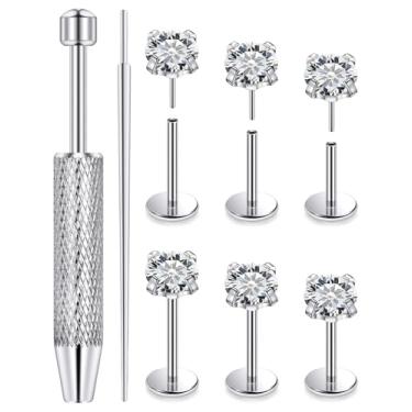 Imagem de Ftovosyo Brincos de titânio 20G Tragus Piercing Joia Flat Back Studs Hipoalergênico Threadless Nose Studs Anéis labiais Medusa Labret cartilagem concha piercing joias para mulheres e homens, Metal