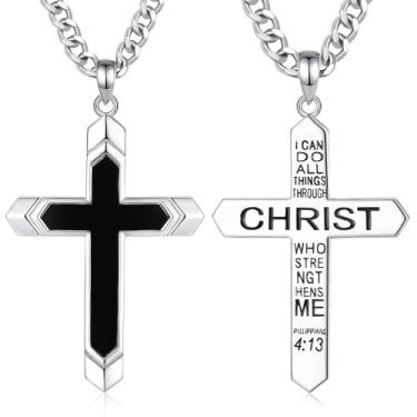 Imagem de INFUSEU Colares masculinos de cruz cristã, joias de fé atemporal, corrente de 55 a 61 cm, Medium, Aço inoxidável, obsidiana criada