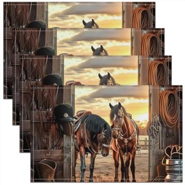 Imagem de jejeloiu Jogo americano Western Horse Conjunto de 4 tapetes de mesa cowboy do oeste vintage do sudoeste para cozinha, mesa de jantar, decoração de festa, ambientes internos e externos, 45,7 x 30,5 cm