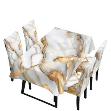 Imagem de Suobstales Conjunto de 5 peças de toalha de mesa para cadeira com estampa de mármore branco dourado, à prova d'água, toalha de mesa retangular para sala de jantar, banquete, festa, festival