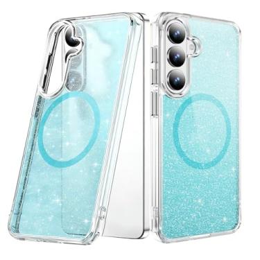 Imagem de LEMAXELERS Capa para Samsung S24+ Plus / S25+ Plus, compatível com MagSafe, capa protetora de TPU transparente com glitter rígido PC fino à prova de choque para Samsung Galaxy S25 Plus, azul cristal