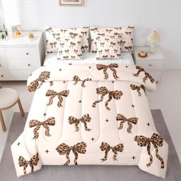 Imagem de jejeloiu Conjunto de edredom solteiro com laço kawaii com listras de zebra, para crianças, meninos, meninas, 7 peças, decoração de quarto de pele de animal selvagem, bege, microfibra leve e macia