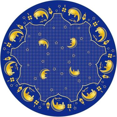 Imagem de XCHI Toalha de mesa redonda com lanterna, castelo dourado, estrelas e luas, Ramadã Kareem, toalha de mesa redonda para decoração de festa em casa 170 x 182 cm