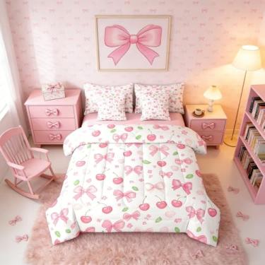 Imagem de Erosebridal Conjunto de edredom solteiro Coquette com nó de laço, cereja, 7 peças, com lençóis, gravata borboleta para meninas, decoração de quarto