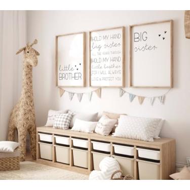 Imagem de Pintura em tela Little Brother 3 peças Hold My Hand Little Brother Posters Big Sister Prints Wall Art Pictures para sala de estar, quarto, casa, irmãos, berçário, decoração com moldura interna de