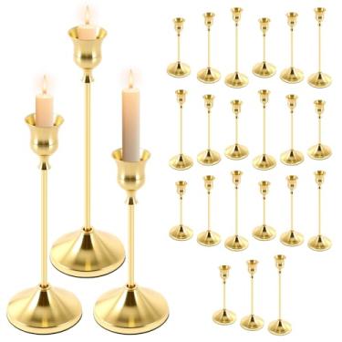 Imagem de Conjunto de castiçais dourados, suporte de vela afunilado de liga de alumínio com tapete antiderrapante, suporte decorativo moderno de 16/19/22 cm para mesa de jantar de casamento, festa de