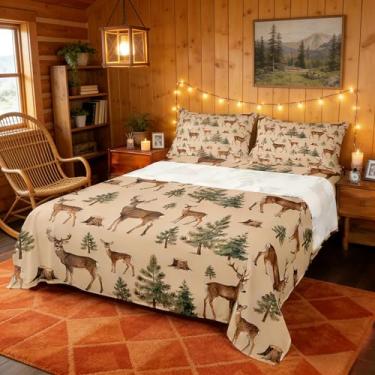 Imagem de Castle Fairy Jogo de lençol rústico de cabana de veado de fazenda, pinheiro, caça, animais selvagens, decoração de quarto de adolescentes, marrom e verde (lençol de cima e elástico solteiro com 1