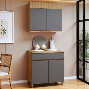 Imagem de Cozinha Completa Modulada 2 Peças 4 Portas 1 Gaveta 100% Mdf Realeza Premium Carvalho/Titânio