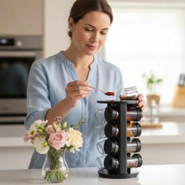 Imagem de Porta Condimentos Giratório com 8 Potes, Plástico Preto, 80ml, Base Rotativa, 23x13cm, Organizador de Temperos