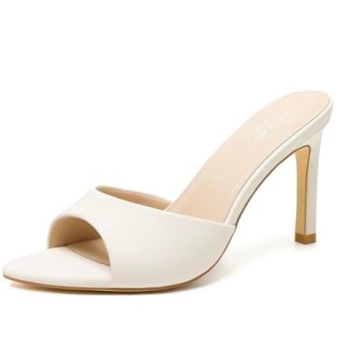 Imagem de Susanny Sandálias femininas de salto alto mule salto alto bico fino sandálias sexy sem cadarço verão casual casamento festa de formatura confortável sapatos elegantes, Branco creme, 41